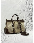 PRADA TOP HANDLE BAG WITH STRAP IN BEIGE CANVAS AND DARK BROWN CALFSKIN LEATHER