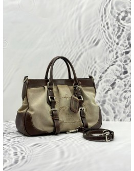 PRADA TOP HANDLE BAG WITH STRAP IN BEIGE CANVAS AND DARK BROWN CALFSKIN LEATHER