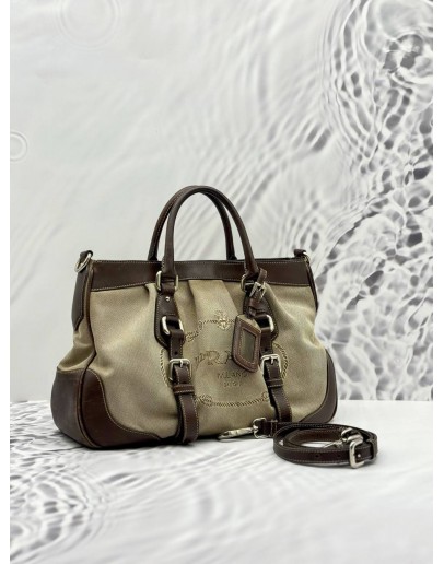 PRADA TOP HANDLE BAG WITH STRAP IN BEIGE CANVAS AND DARK BROWN CALFSKIN LEATHER