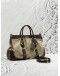 PRADA TOP HANDLE BAG WITH STRAP IN BEIGE CANVAS AND DARK BROWN CALFSKIN LEATHER
