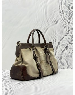 PRADA TOP HANDLE BAG WITH STRAP IN BEIGE CANVAS AND DARK BROWN CALFSKIN LEATHER