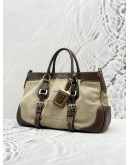 PRADA TOP HANDLE BAG WITH STRAP IN BEIGE CANVAS AND DARK BROWN CALFSKIN LEATHER