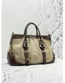 PRADA TOP HANDLE BAG WITH STRAP IN BEIGE CANVAS AND DARK BROWN CALFSKIN LEATHER