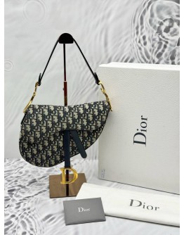 (LIKE NEW) 2018 CHRISTIAN DIOR SADDLE SHOULDER BAG IN BLUE DIOR OBLIQUE JACQUARD AND CALFSKIN LEATHER -FULL SET-