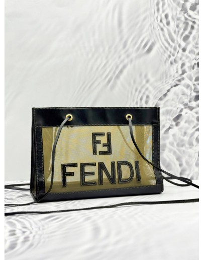 FENDI LOGO CROSSBODY BAG IN KHAKI TRANSPARENT MESH AND BLACK CALFSKIN LEATHER