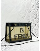 FENDI LOGO CROSSBODY BAG IN KHAKI TRANSPARENT MESH AND BLACK CALFSKIN LEATHER