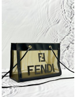 FENDI LOGO CROSSBODY BAG IN KHAKI TRANSPARENT MESH AND BLACK CALFSKIN LEATHER