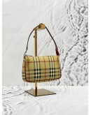 BURBERRY POCHETTE IN BEIGE HAYMARKET CHECK CANVAS AND BURGUNDY CALFSKIN LEATHER