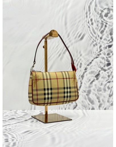 BURBERRY POCHETTE IN BEIGE HAYMARKET CHECK CANVAS AND BURGUNDY CALFSKIN LEATHER