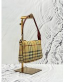 BURBERRY POCHETTE IN BEIGE HAYMARKET CHECK CANVAS AND BURGUNDY CALFSKIN LEATHER