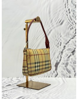 BURBERRY POCHETTE IN BEIGE HAYMARKET CHECK CANVAS AND BURGUNDY CALFSKIN LEATHER