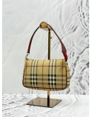 BURBERRY POCHETTE IN BEIGE HAYMARKET CHECK CANVAS AND BURGUNDY CALFSKIN LEATHER