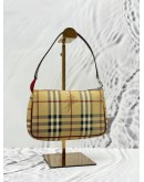 BURBERRY POCHETTE IN BEIGE HAYMARKET CHECK CANVAS AND BURGUNDY CALFSKIN LEATHER