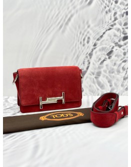 TOD’S DOUBLE T FLAP CROSSBODY BAG IN DEEP RED SUEDE LEATHER