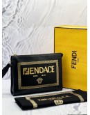 FENDI X VERSACE BLACK LEATHER LOGO WRISTLET ZIP POUCH -FULL SET- 