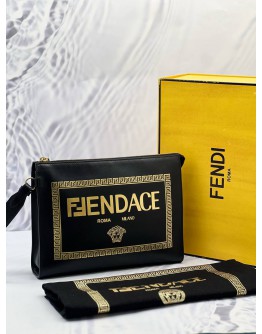 FENDI X VERSACE BLACK LEATHER LOGO WRISTLET ZIP POUCH -FULL SET- 