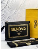 FENDI X VERSACE BLACK LEATHER LOGO WRISTLET ZIP POUCH -FULL SET- 