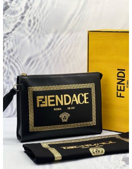 FENDI X VERSACE BLACK LEATHER LOGO WRISTLET ZIP POUCH -FULL SET- 