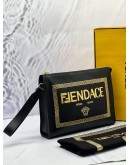 FENDI X VERSACE BLACK LEATHER LOGO WRISTLET ZIP POUCH -FULL SET- 