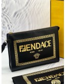FENDI X VERSACE BLACK LEATHER LOGO WRISTLET ZIP POUCH -FULL SET- 