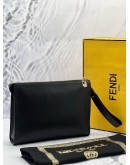 FENDI X VERSACE BLACK LEATHER LOGO WRISTLET ZIP POUCH -FULL SET- 