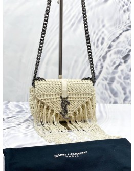 (LIKE NEW) YVES SAINT LAURENT YSL CLASSIC MONOGRAM WHITE BABY LEATHER & CROCHET SHOULDER BAG 