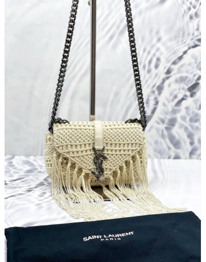 (LIKE NEW) YVES SAINT LAURENT YSL CLASSIC MONOGRAM WHITE BABY LEATHER & CROCHET SHOULDER BAG 