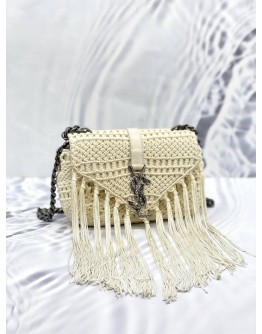 (LIKE NEW) YVES SAINT LAURENT YSL CLASSIC MONOGRAM WHITE BABY LEATHER & CROCHET SHOULDER BAG 