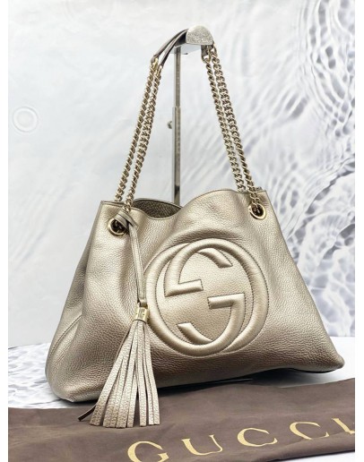 GUCCI GG SOHO PEBBLED LEATHER METALLIC SHOULDER BAG
