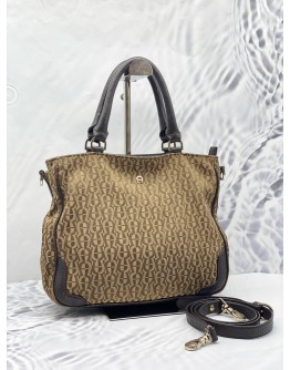 AIGNER SIGNATURE CANVAS DARK BROWN LEATHER TOTE BAG 