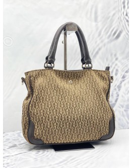 AIGNER SIGNATURE CANVAS DARK BROWN LEATHER TOTE BAG 