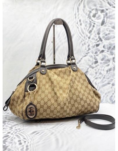 (LIKE NEW) GUCCI BEIGE/EBONY GG CANVAS MEDIUM SUKEY BOSTON WITH STRAP