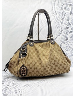 (LIKE NEW) GUCCI BEIGE/EBONY GG CANVAS MEDIUM SUKEY BOSTON WITH STRAP