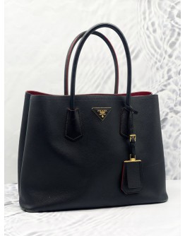 PRADA IN BLACK SAFFIANO LEATHER CUIR TWIN TOTE BAG WITH STRAP