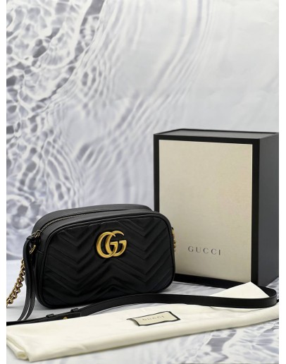 (LIKE NEW) GUCCI GG MARMONT SMALL CROSSBODY BAG BLACK MATELASSE CHEVRON LEATHER WITH GOLD GG LOGO -FULL SET-