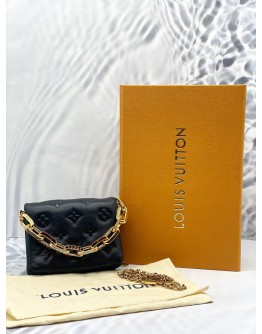 (LIKE NEW) LOUIS VUITTON BLACK LAMBSKIN EMBOSSED MONOGRAM COUSSIN BELT BAG -FULL SET-