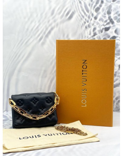 (LIKE NEW) LOUIS VUITTON BLACK LAMBSKIN EMBOSSED MONOGRAM COUSSIN BELT BAG -FULL SET-