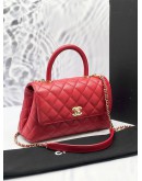 MICROCHIP CHANEL SMALL COCO HANDLE QUILTED CAVIAR LEATHER IN RED GOLD HARDWARE -FULL SET-