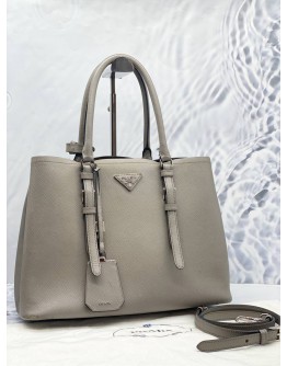 PRADA IN LIGHT GREY SAFFIANO LEATHER CUIR TWIN TOTE BAG WITH STRAP