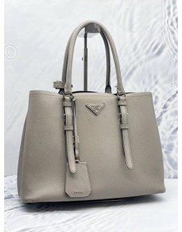 PRADA IN LIGHT GREY SAFFIANO LEATHER CUIR TWIN TOTE BAG WITH STRAP