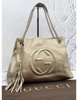 GUCCI GG SOHO PEBBLED LEATHER METALLIC SHOULDER BAG