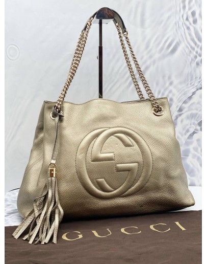 GUCCI GG SOHO PEBBLED LEATHER METALLIC SHOULDER BAG