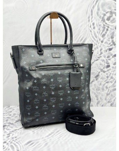 MCM TOTE TOP HANDLE BAG WITH STRAP IN BLACK VISETOS LEATHER
