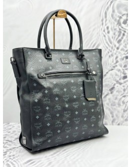 MCM TOTE TOP HANDLE BAG WITH STRAP IN BLACK VISETOS LEATHER