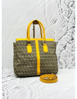FENDI ZUCCA TOTE TOP HANDLE BAG WITH STRAP IN BROWN BEIGE CANVAS AND YELLOW CALFSKIN LEATHER