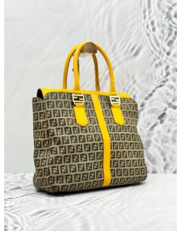 FENDI ZUCCA TOTE TOP HANDLE BAG WITH STRAP IN BROWN BEIGE CANVAS AND YELLOW CALFSKIN LEATHER