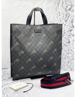 (UNUSED) GUCCI GREY/BLACK GG SUPREME CANVAS TIGER PRINTED TOTE BAG WITH STRAP