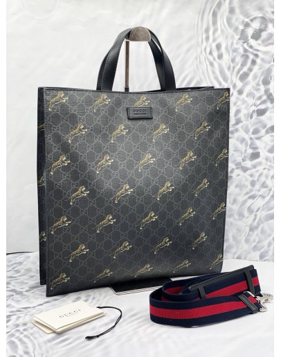 (UNUSED) GUCCI GREY/BLACK GG SUPREME CANVAS TIGER PRINTED TOTE BAG WITH STRAP