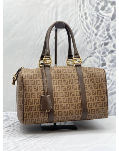 (LIKE NEW) FENDI ZUCCHINO BROWN COATED CANVAS MEDIUM FOREVER BAULETTO BOSTON BAG