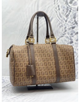 (LIKE NEW) FENDI ZUCCHINO BROWN COATED CANVAS MEDIUM FOREVER BAULETTO BOSTON BAG